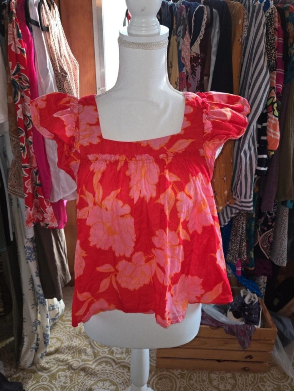 Olivaceous Red and Pink Floral Puff-Sleeve Square-Neck Blouse